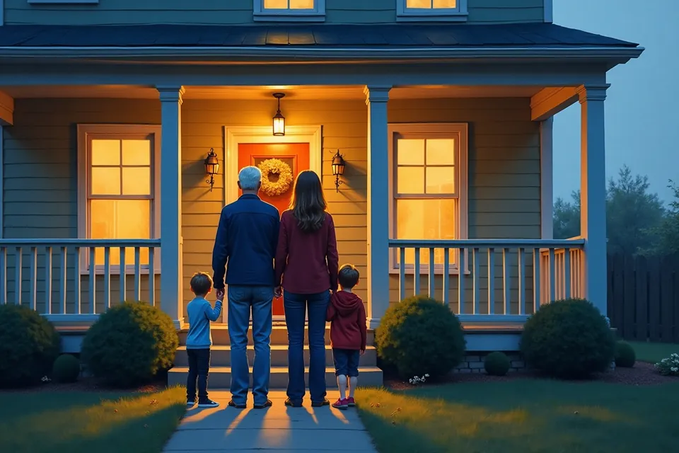 Three generations of a family walking up to a warmly lit front porch at dusk
