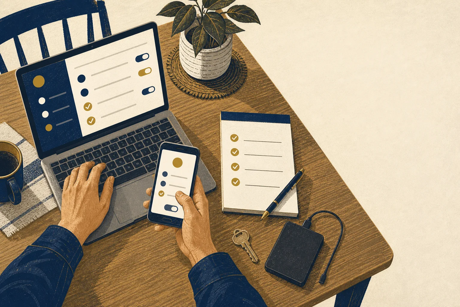 A household securing accounts on a laptop and phone with a practical checklist and backup drive