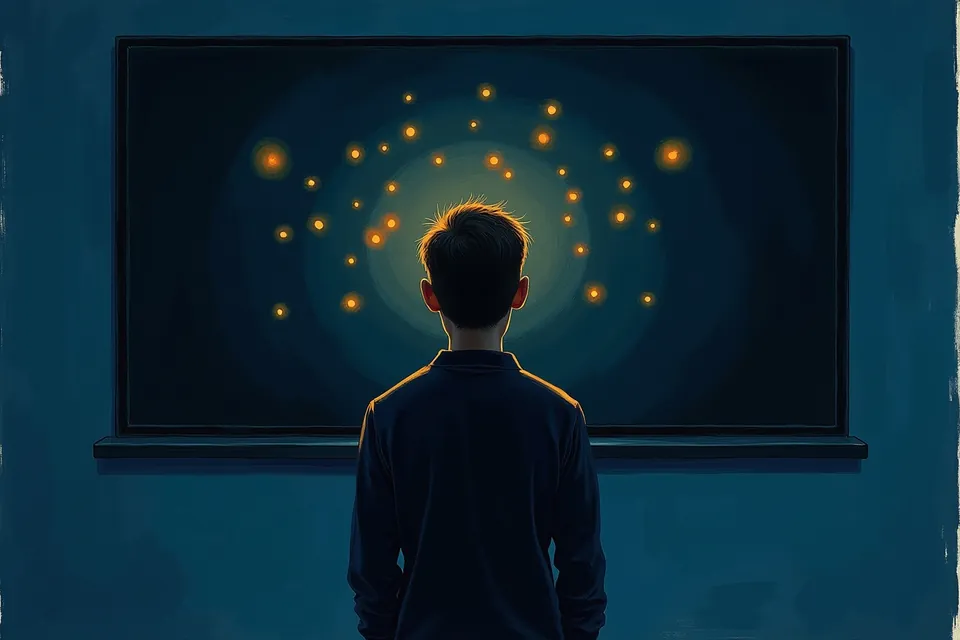 A person facing a dark screen that reflects them back as scattered points of light