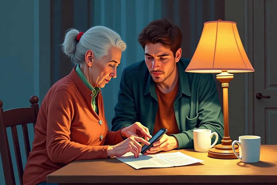 An older woman follows a checklist on her phone while her son points at the screen