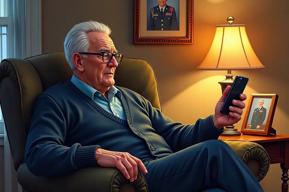 An older veteran at ease in an armchair, using his phone with confidence