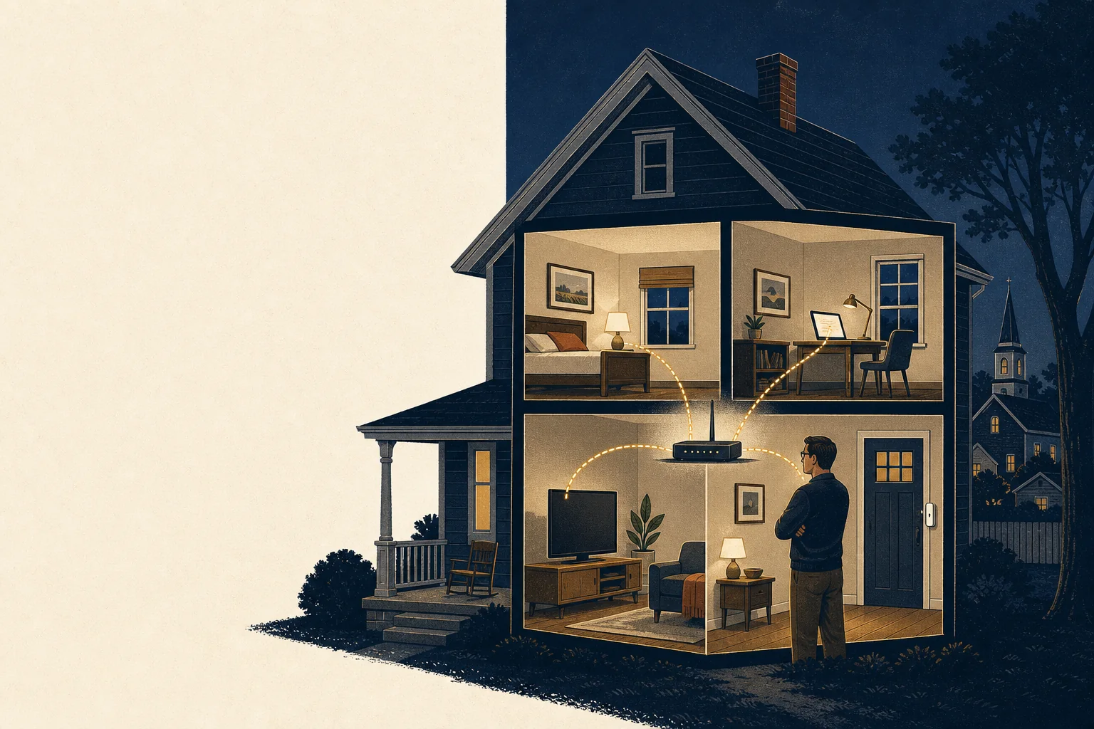 A cutaway Indiana home showing a central router connected to everyday household devices