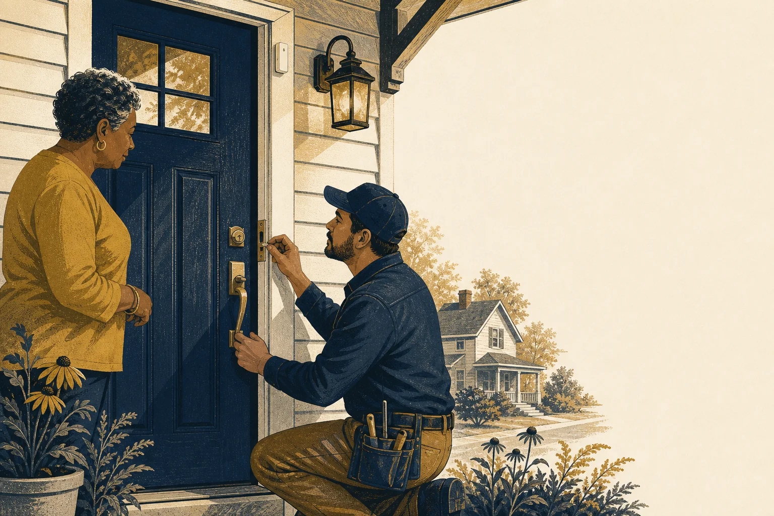 A homeowner and local professional inspecting a front door lock and strike plate