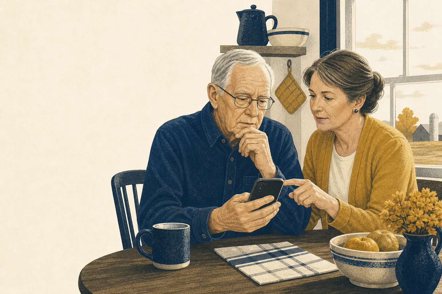 An older Hoosier and a trusted family member checking a suspicious phone message together